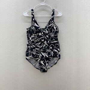 Miraclesuit Black White Floral Ruched 1 Piece Swim Bathing Suit W10597M Women 10